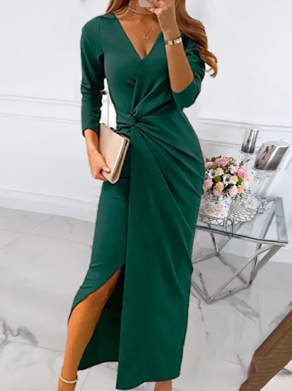 Elegant V-Neck Wrap Long Sleeve Solid Maxi Dress Comfortable Satin Maxi Dress