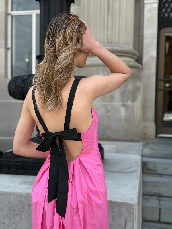 FABIOLA PINK PLEATED MAXI DRESS WITH BACK BLACK BOW/RIBBON Classic V-Neck Maxi Dress