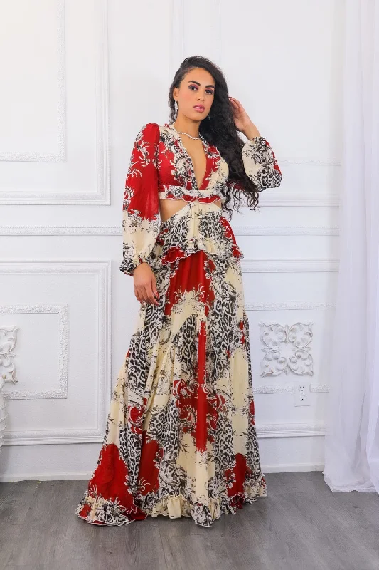 Fantasy Ruffles Cut Out Laced Back Maxi Dress Fashionable Faux Wrap Maxi Dress