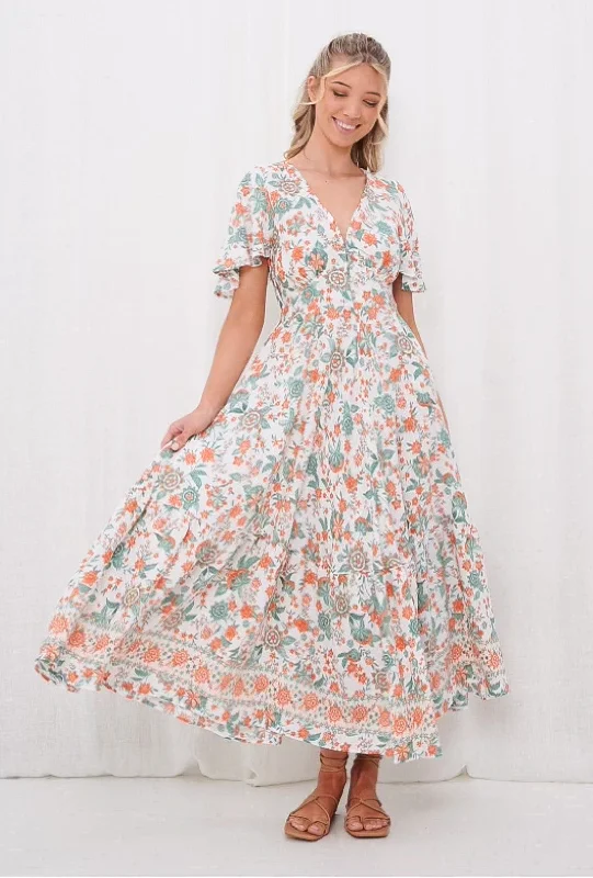 Felicity Sage and Orange Maxi Dress Trendy Floral Print Maxi Dress