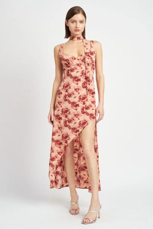 FLORAL ASYMMETRICAL MAXI DRESS Elegant Maxi Dress with Lace