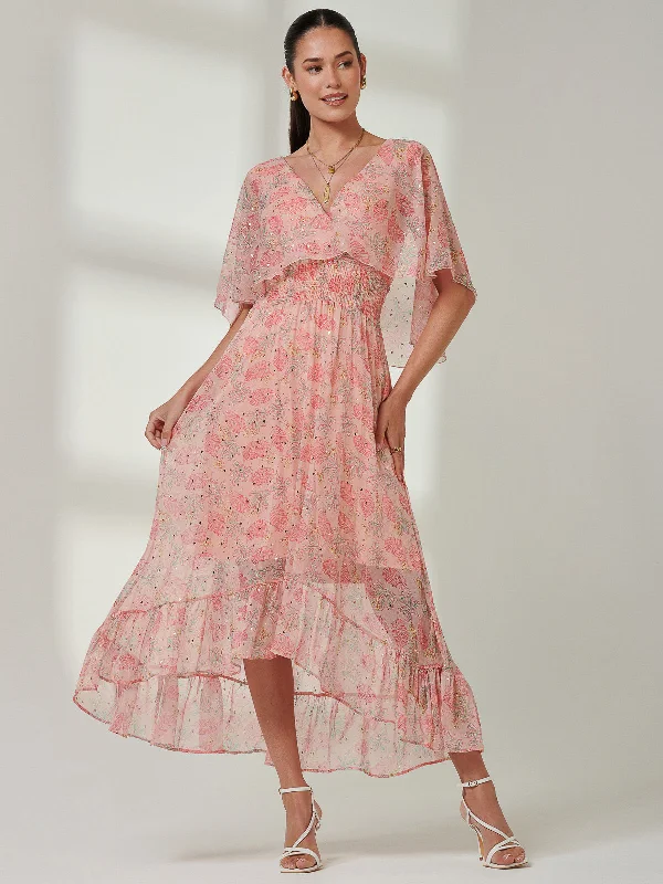 Frill V-neck Chiffon Maxi Dress, Orange Multi Classic A-Line Maxi Dress