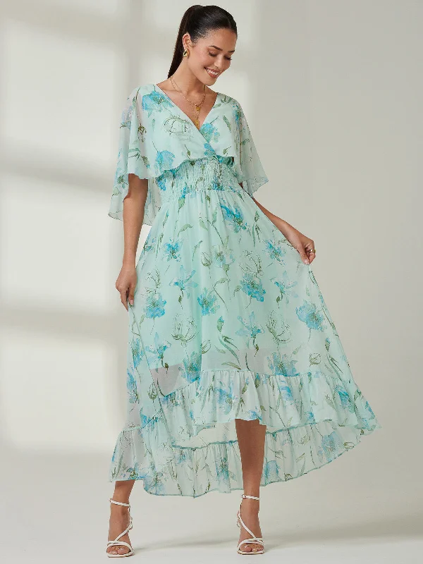 Frill V-neck Chiffon Maxi Dress, Green Floral Trendy Ruffled Maxi Dress