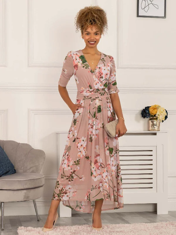 Gavina Ruched Sleeve Mesh Maxi Dress, Dusty Pink Trendy Satin Maxi Dress