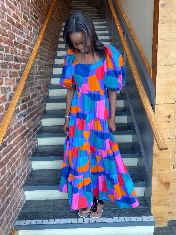 GEO PRINT SQUARE NECK MAXI DRESS Fashionable Chiffon Maxi Dress