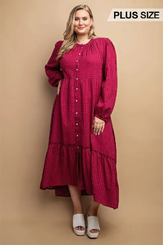 Plaid Button Down Hi - Low Hem Maxi Dress Comfortable Fit-and-Flare Maxi Dress