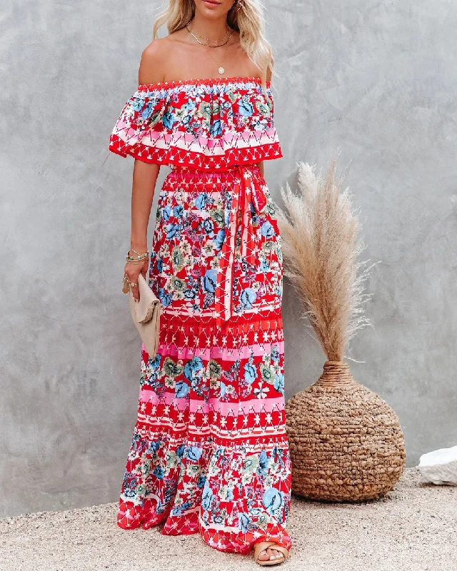 Maxi dress word shoulder printed summer women dress Trendy Maxi Dress with Belt