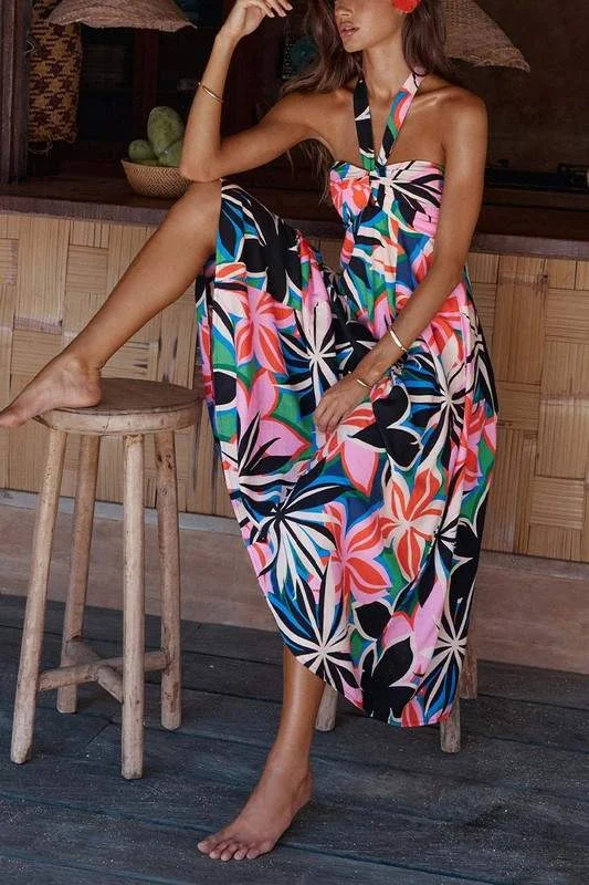 GRAPHIC HALTER MAXI DRESS Trendy Off-Shoulder Ruffle Maxi Dress