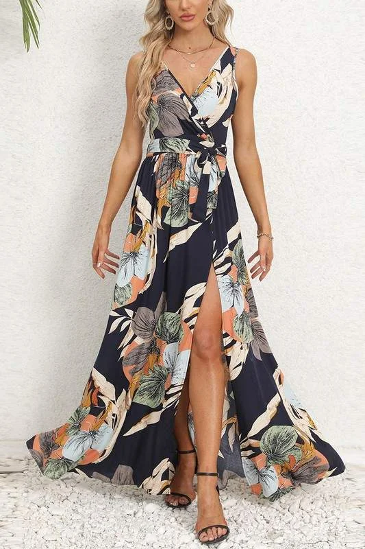 GRAPHIC V NECK MAXI DRESS Fashionable Open-Back Maxi Dress