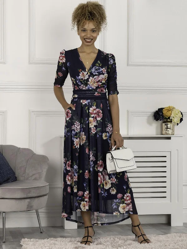 Haizley Floral Print Mesh Maxi Dress, Navy Cozy Maxi Dress with Slit