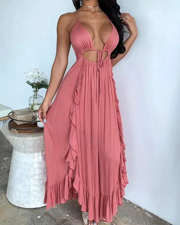 Halter Tie Dye Print Tied Detail Cutout Maxi Dress Fashionable High-Waist Maxi Dress