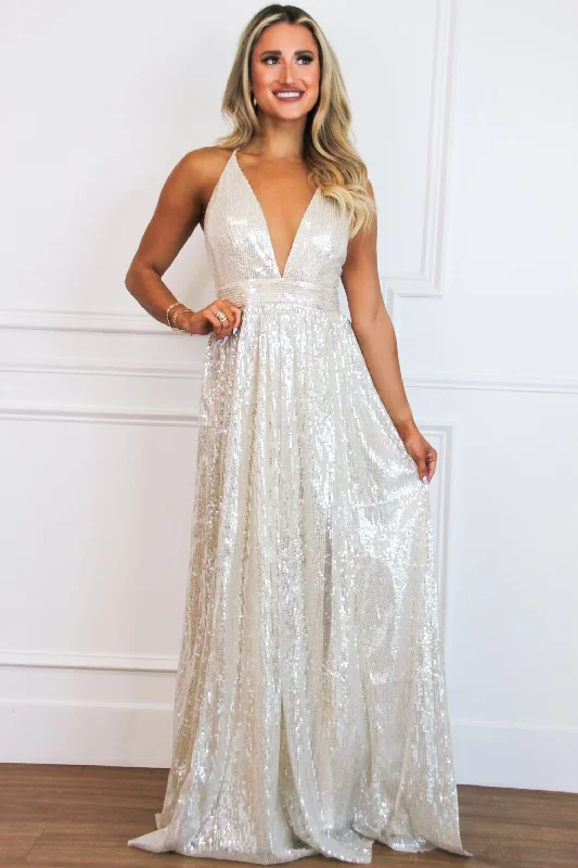 Hollywood Glam Sequin Maxi Dress: Nude/Silver Champagne Trendy Maxi Dress with Lace