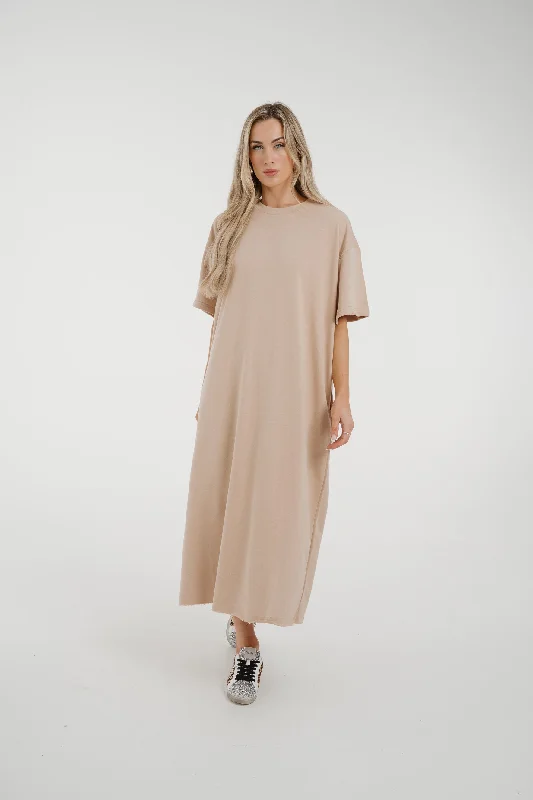 Jane T-Shirt Dress In Camel Embroidered Appliqued Beaded