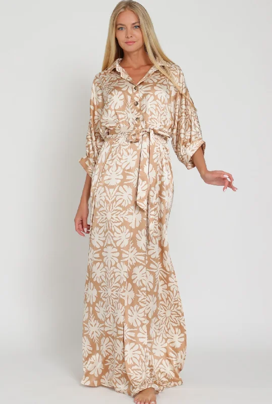 KHAKI AND WHITE FLORAL BELTED MAXI DRESS WITH BUTTON DOWN COLLARED 3/4 SLEEVE TOP Elegant Lace Maxi Dress KHAKI AND WHITE FLORAL BELTED MAXI DRESS WITH BUTTON DOWN COLLARED 3/4 SLEEVE TOP Elegant Lace Maxi Dress