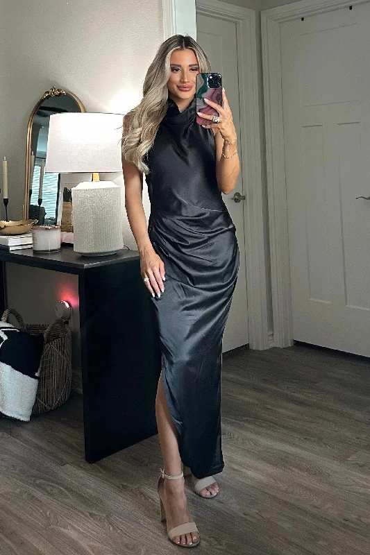 Lana High Neck Halter Satin Maxi Dress: Black Casual Maxi Dress with Pockets
