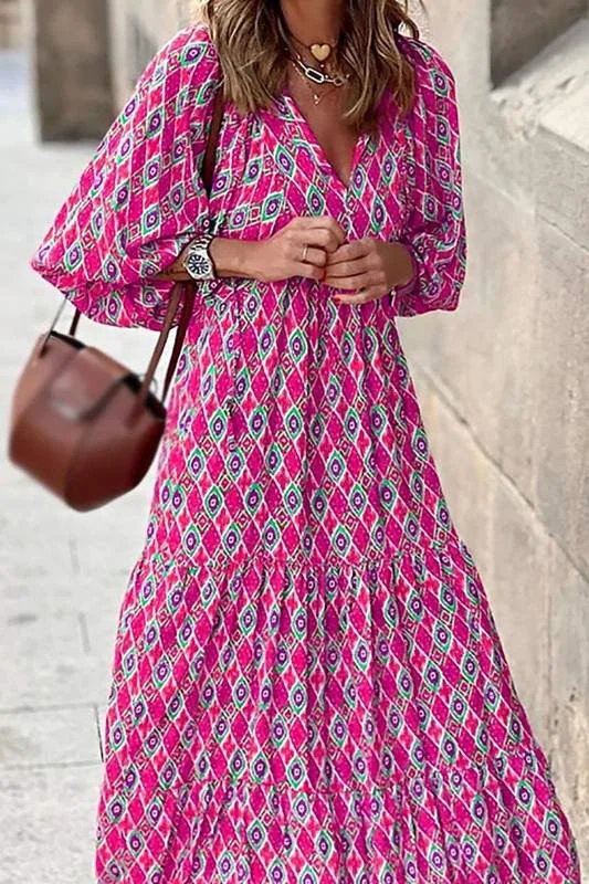 LANTERN SLEEVE PRINT BOHO MAXI DRESS Comfortable Satin Maxi Dress