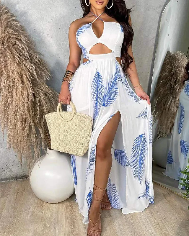 LEAF PRINT CUTOUT HIGH SLIT MAXI DRESS Classic A-Line Maxi Dress