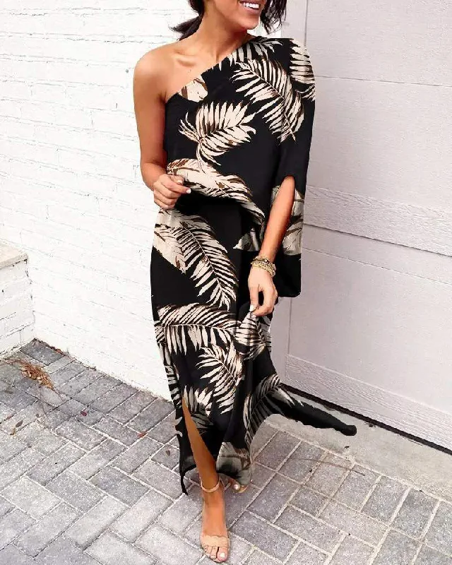 LEAF PRINT ONE SHOULDER SPLIT HEM MAXI DRESS Trendy V-Neck Maxi Dress
