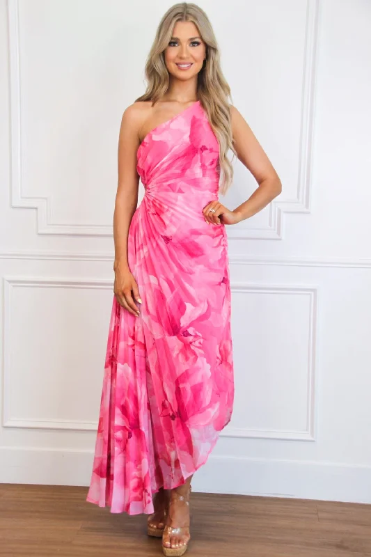 Lisette One Shoulder Floral Pleated Maxi Dress: Fuchsia Stylish Longline Maxi Dress