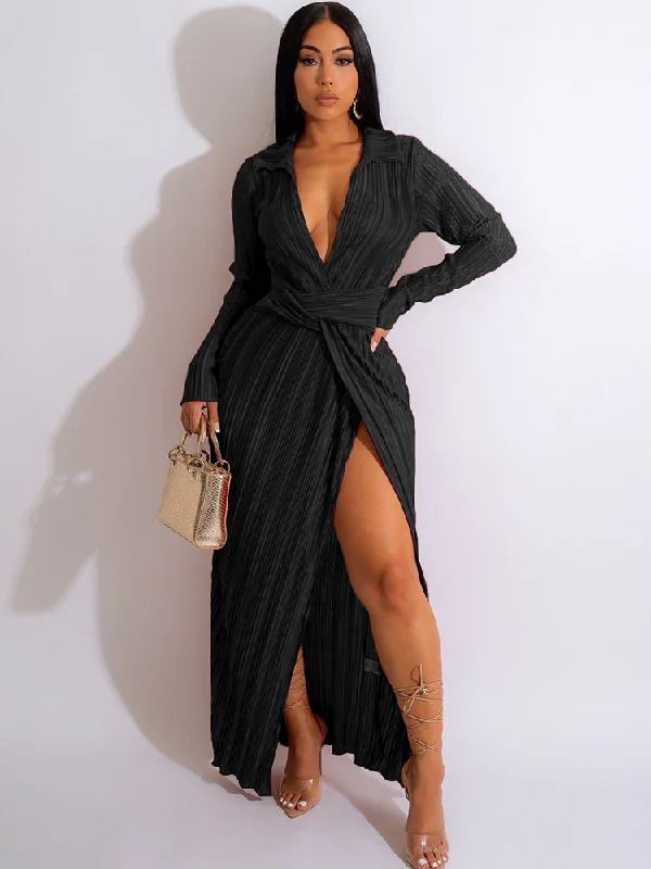 Long Sleeve Collar Pleated Belt Maxi Dresses Cozy Maxi Dress with Slit
