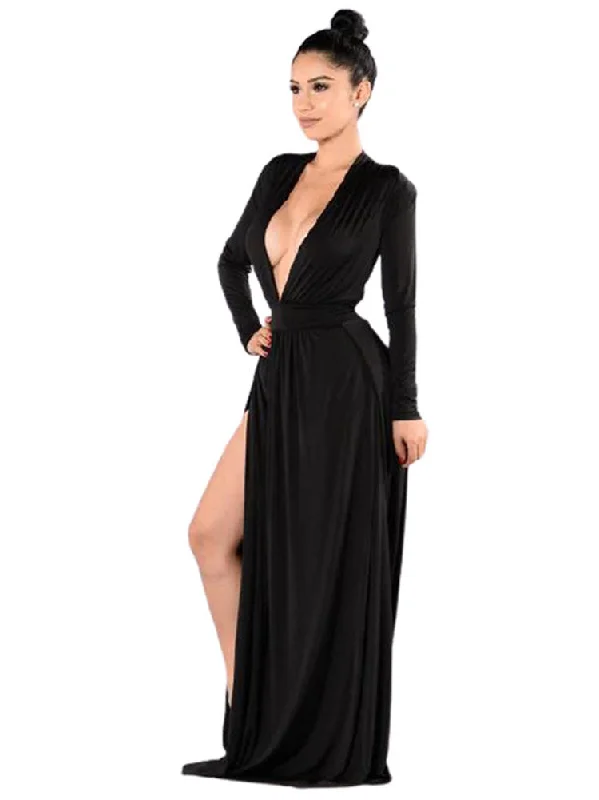 Long Sleeve Deep V Neck High Waist Split Maxi Dresses Stylish Maxi Dress with Pleats Long Sleeve Deep V Neck High Waist Split Maxi Dresses Stylish Maxi Dress with Pleats