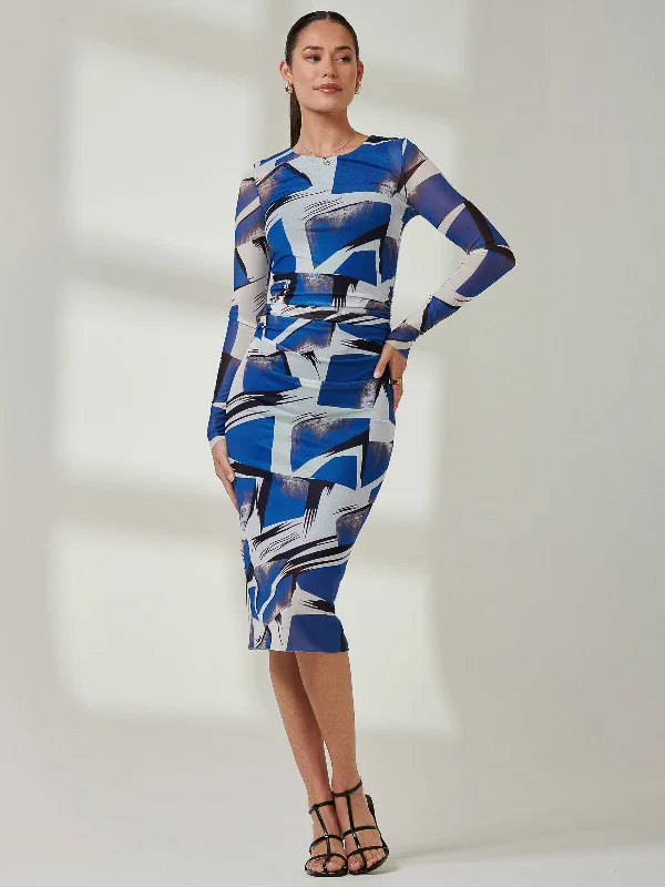 Long Sleeve Mesh Bodycon Maxi Dress, Blue Abstract Elegant Wraparound Maxi Dress