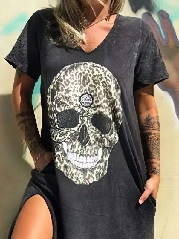 Long T-Shirt Skull Dress Graphic T-Shirt Round Neck Polyester
