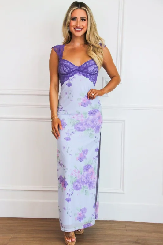 Mavis Floral Lace Maxi Dress: Light Blue/Purple Multi Comfortable Fitted Maxi Dress