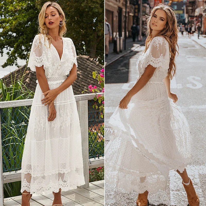 Maxi Dress Hollow Out White Dress Sexy Women Long Lace Dress Cross Semi-Sheer Plunge V-Neck Short Sleeve Lace Trendy Button Front Maxi Dress