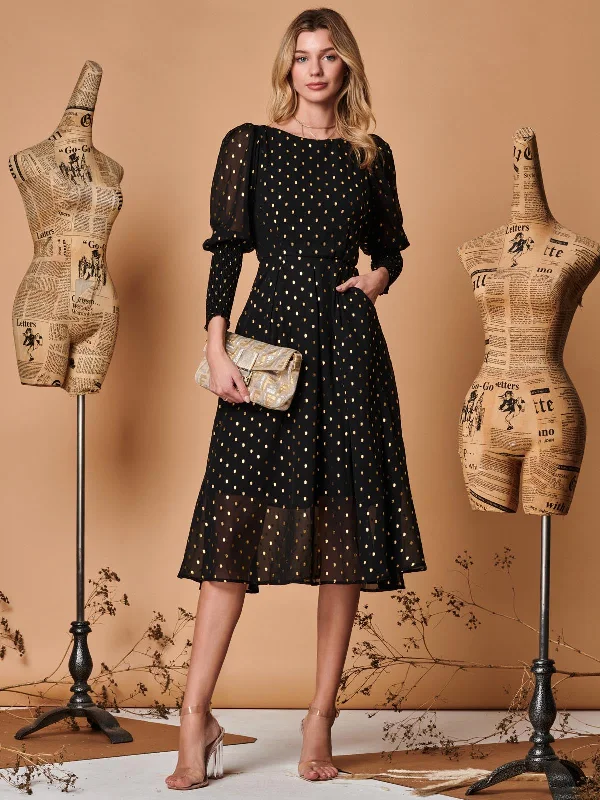 Metallic Chiffon Puff Sleeve Maxi Dress, Black Stylish Boho Chic Maxi Dress