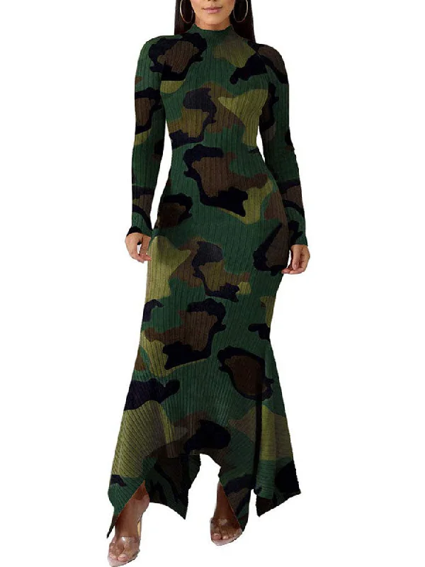 Mock Neck Ribbed Knit Bodycon Long Sleeve Maxi Dresses Cozy Ribbed Maxi Dress
