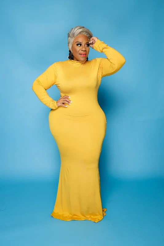 Mustard Lala Turtleneck Maxi Dress Elegant Maxi Dress with Pockets