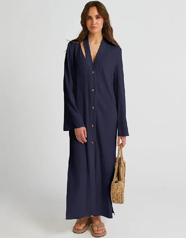 Navy Blue Heavy Designer Heavy Fancy Maxi Dress Cozy Ruffle Sleeve Maxi Dress