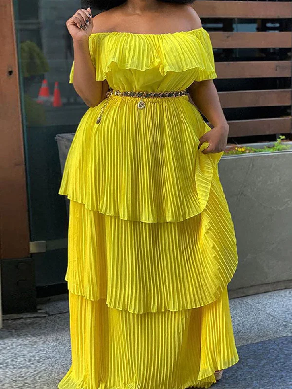 Off Shoulder Layered Pleated Plus Size Maxi Dresses Comfortable Pleated Maxi Dress