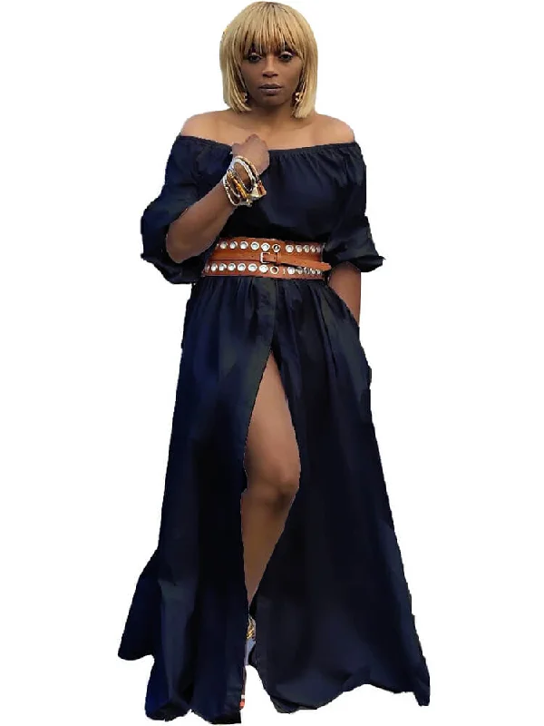 Off Shoulder Puff Sleeve High Slit Button Down Maxi Dresses Chic Summer Maxi Dress
