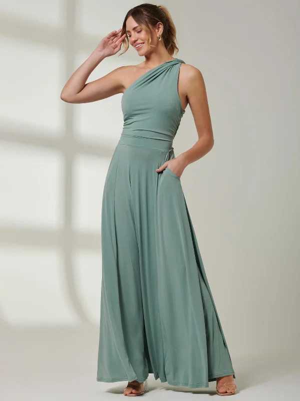 One Shoulder Jersey Maxi Dress, Green Comfortable Satin Maxi Dress