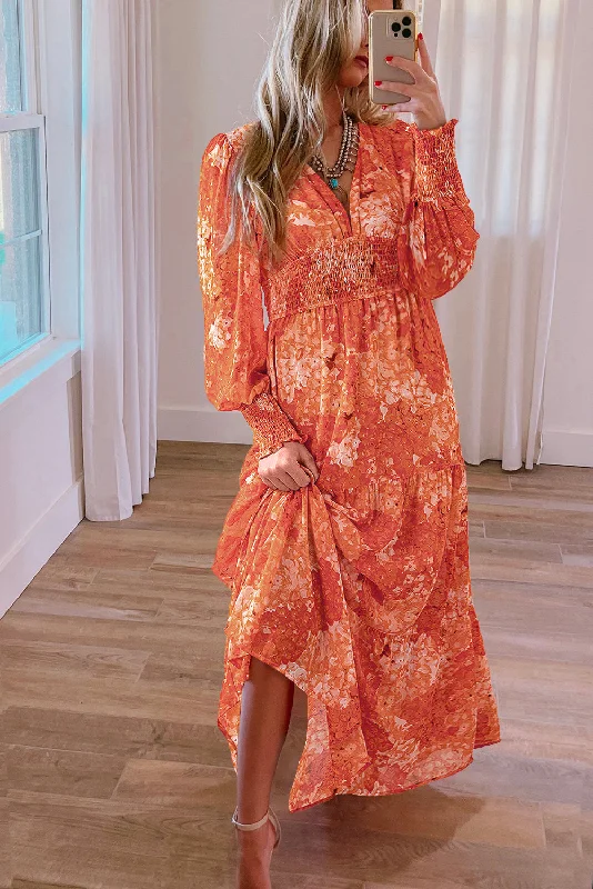 Blue Zone Planet | Orange Boho Floral Bishop Sleeve V Neck Tiered Maxi Dress Stylish Maxi Dress with Frills Blue Zone Planet | Orange Boho Floral Bishop Sleeve V Neck Tiered Maxi Dress Stylish Maxi Dress with Frills
