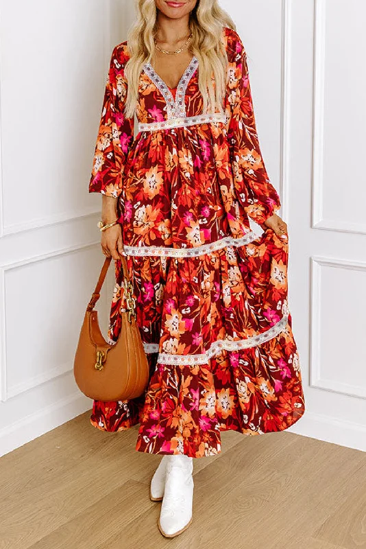 Blue Zone Planet |  Orange Floral Print Lace Trim Patched V Neck Maxi Dress Elegant Lace-Up Maxi Dress