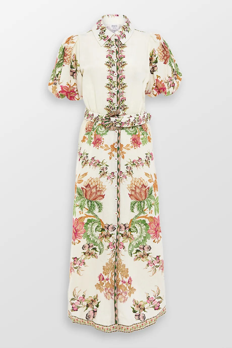 Pahi Floral Shirt Maxi Dress Handcrafted Buttons And Belt Fashionable Asymmetrical Maxi Dress
