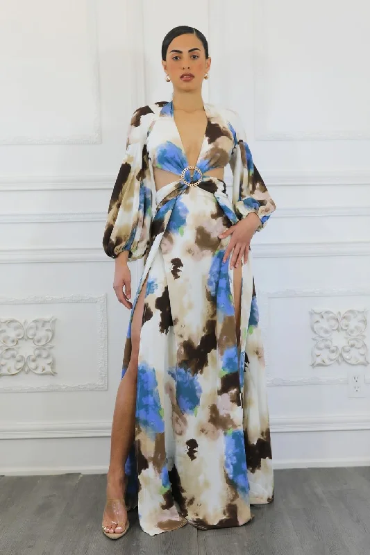 Paint Me Bubble Sleeves Cut Out Maxi Dress Elegant Tiered Maxi Dress