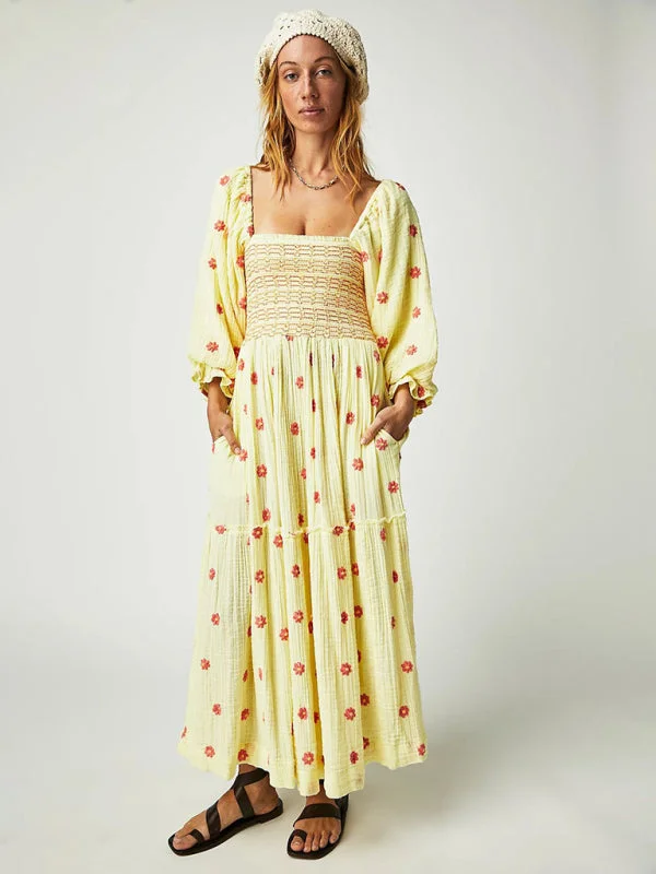 Blue Zone Planet |  Pam's Sunflower Embroidered Square Collar Yellow Maxi Dress Stylish Empire Waist Maxi Dress