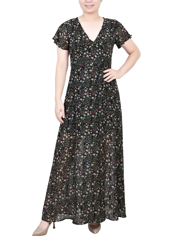 Short Sleeve Chiffon Wrap Maxi Dress Chic Button-Up Maxi Dress
