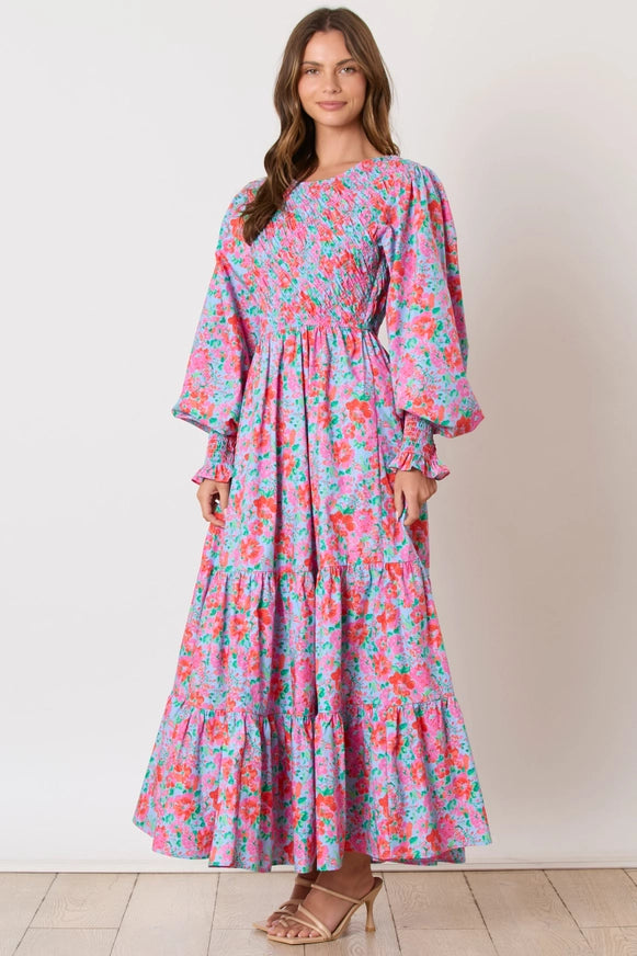 PINK AND BLUE FLORAL PRINT UPPER DIAGONAL SMOCKING TIERED MAXI DRESS Cozy Cold-Shoulder Maxi Dress