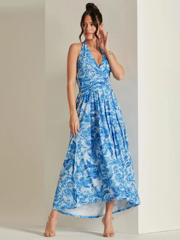 Plunge Neck Shirred Back Maxi Dress, Blue Cozy Knitted Maxi Dress