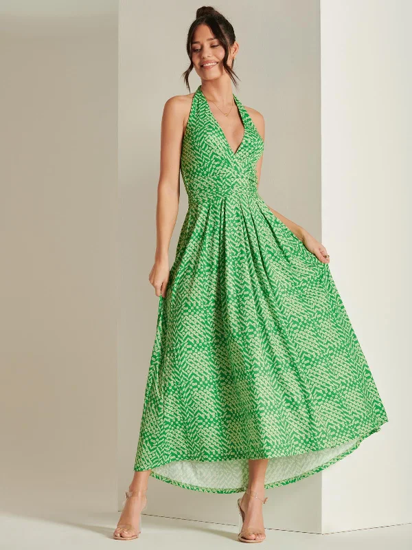 Plunge Neck Shirred Back Maxi Dress, Green Geo Comfortable T-Shirt Maxi Dress
