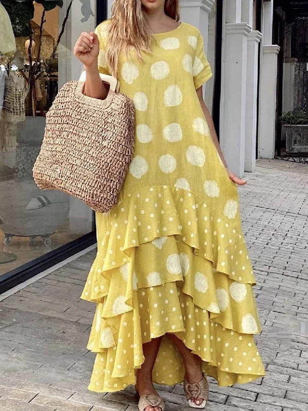 Polka Dot Scoop Neck Short Sleeve Maxi Dress Stylish Boho Chic Maxi Dress
