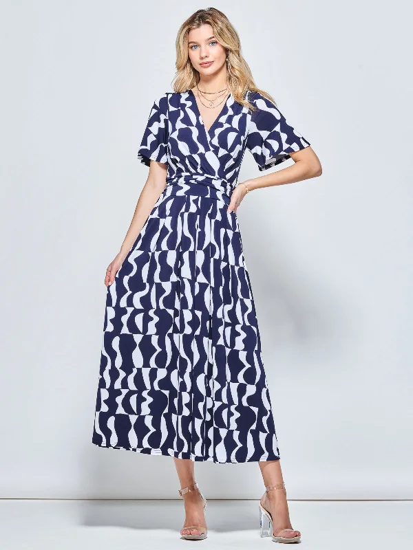 Print Angel Sleeve Jersey Maxi Dress, Navy Pattern Stylish A-Line Maxi Dress