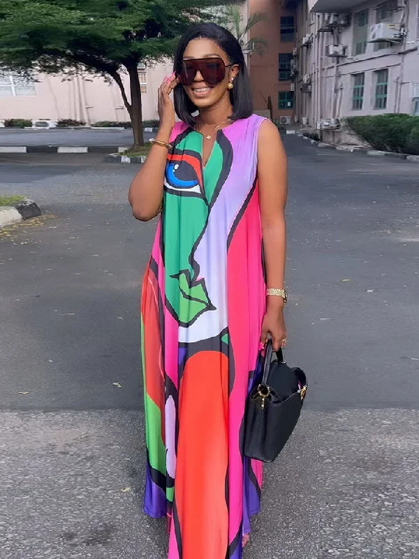 Printed Plus Size Loose Maxi Dresses Trendy V-Neck Maxi Dress