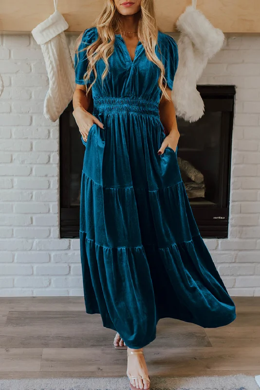 Blue Zone Planet |  Prussian Blue Velvet Short Sleeve Shirred Waist Tiered Maxi Dress Chic Summer Maxi Dress