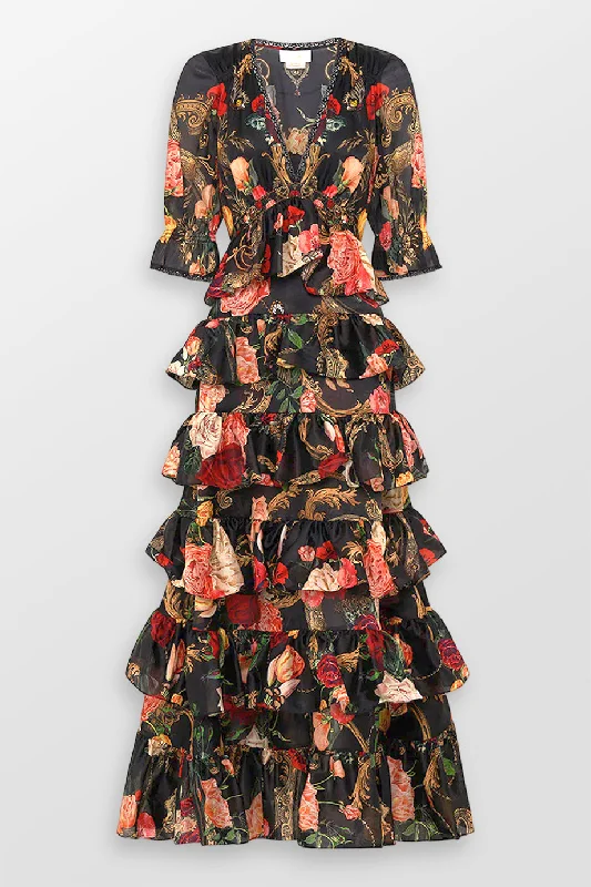Puff Sleeve Tiered Skirt Floral Maxi Dress Cozy Maxi Dress with Slit
